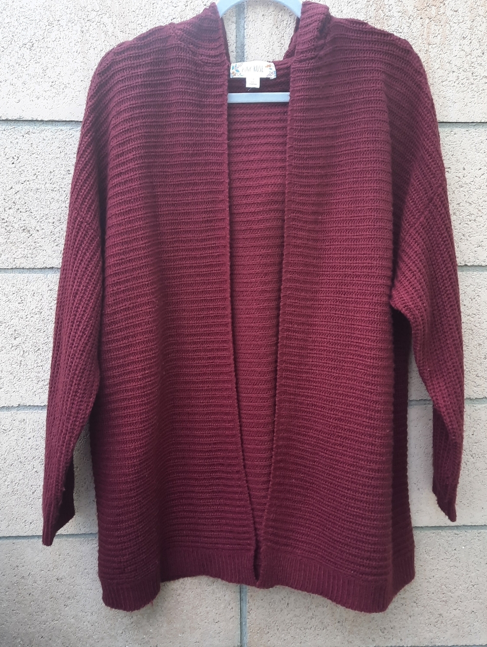 Pink Rose Women's Ribbed Hooded Cardigan Size 1X Burgundy